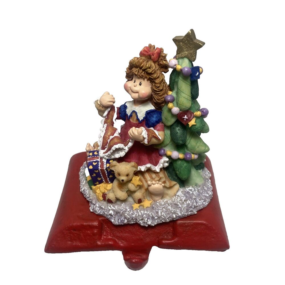 Vtg Cast Iron Resin Stocking Holder Little Girls with Christmas Tree Teddy Bear